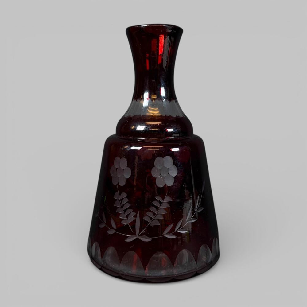 7,5" Burgundy ruby Vintage Czech Ruby Red Cut To Clear Glass Drink Decanter